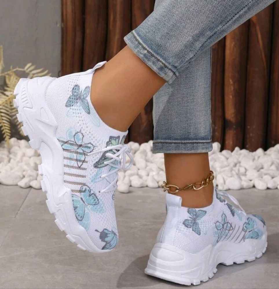 Women's Butterfly Pattern Mesh Sneakers, Color Block Low Top Lace-Up Casual - Picture 2 of 6